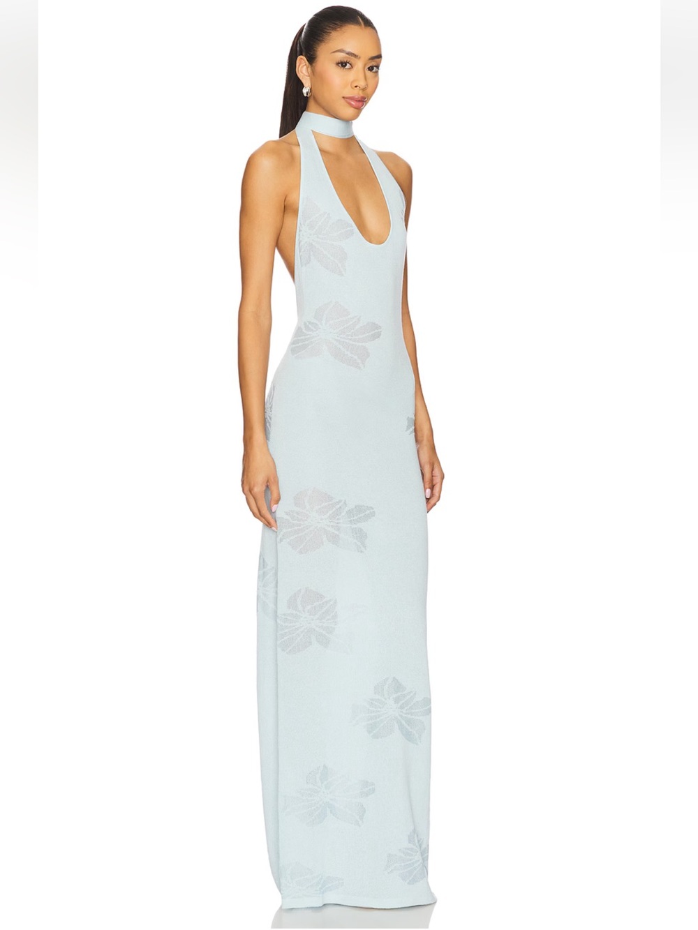SNDYS x Revolve Light Blue Tahiti Halter Maxi Dress with Tie Back Sz M